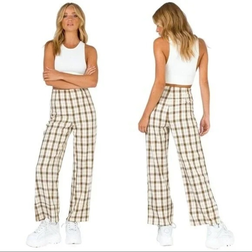 Princess Polly Womens‎ 4 EUROS PANTS Yellow Plaid Wide Leg Plaid Pants Cotton